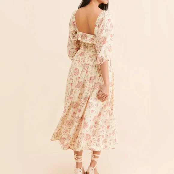 Free People Ethereal Oasis Midi Dress Ivory Floral Cottagecore Smocked Tiered S - Picture 4 of 6